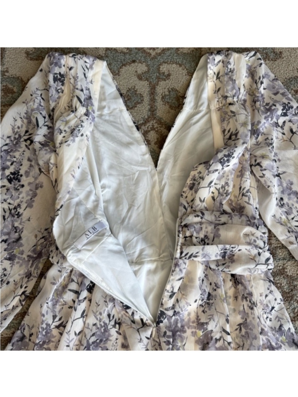 Anne Louise Boutique Layered Maxi Dress Floral on Cream White Ruched Waist 8 - Picture 9 of 10